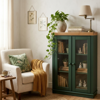 Estante de madeira com 1,19 m na cor verde e cera natural com duas portas de vidro / Coleção biblioteca